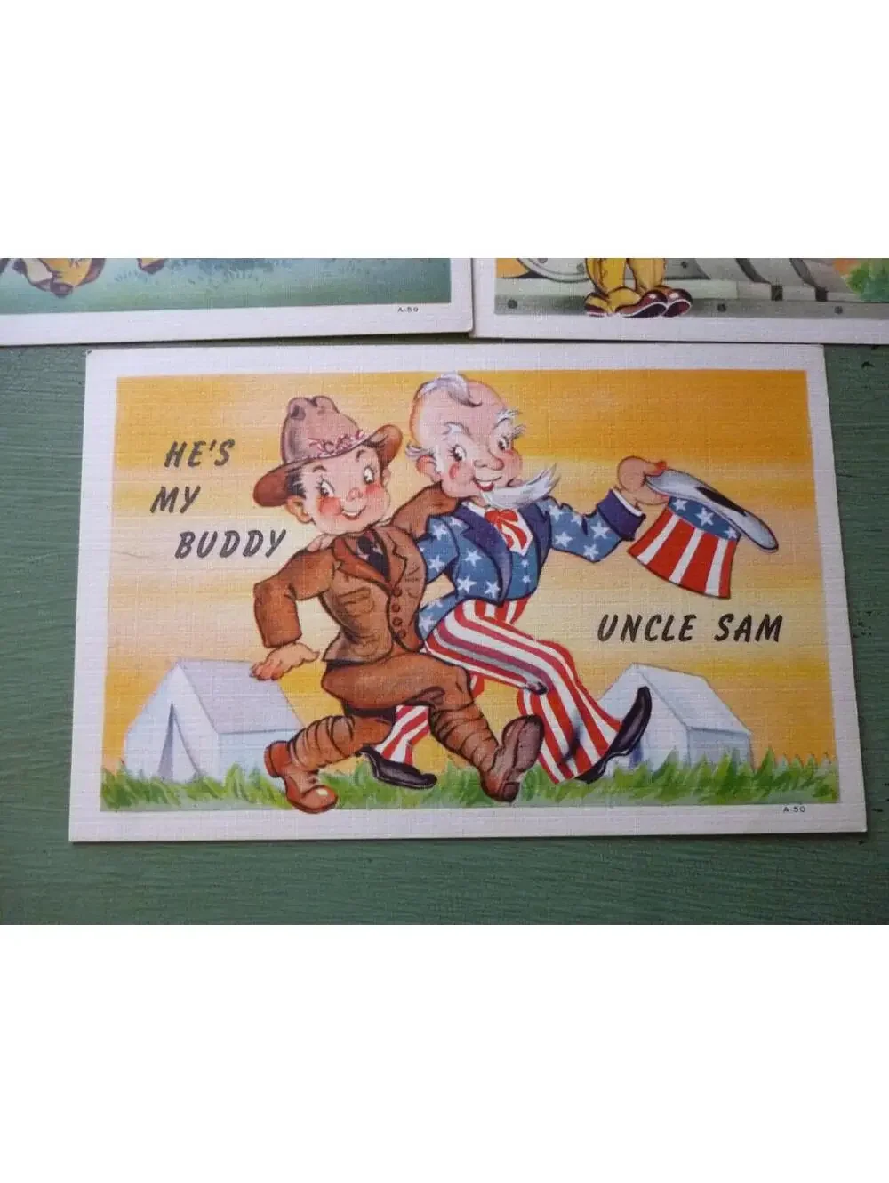 Set of 5 WWII Linen Finish Cute Army Postcards, Unused